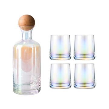 Gracewood Holographic Glass Carafe Wood Stopper & 4 Tumblers