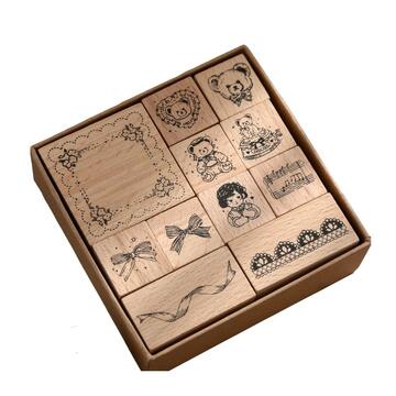 Bear's Tea Party Wooden Rubber Stamp Box Set 11pcs