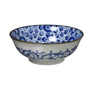 Mino Ware Indigo Chrysanthemum Japanese Porcelain Ramen Bowl