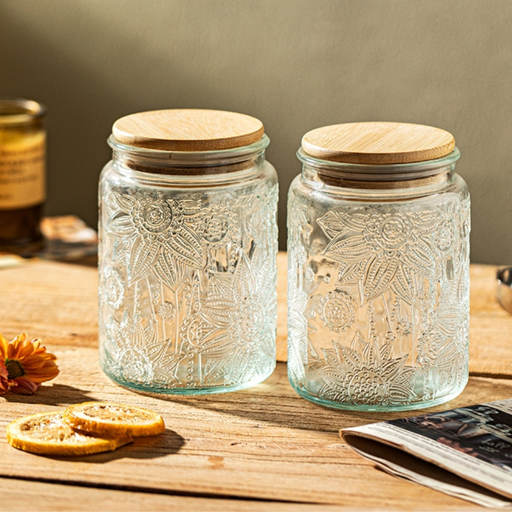 Sunflower Glass Canister with Bamboo Lid 700ml (Set of 2)