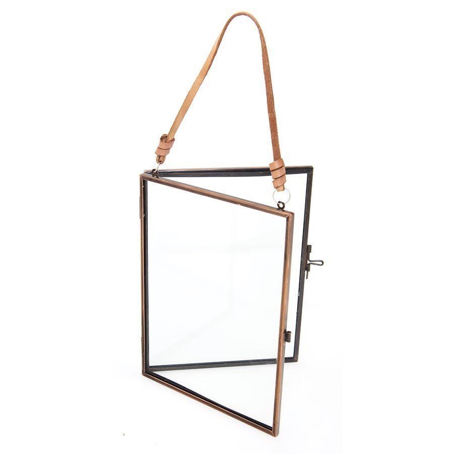 IS Gift Metal Clear Glass Press Frame with Leather Strap Hanger