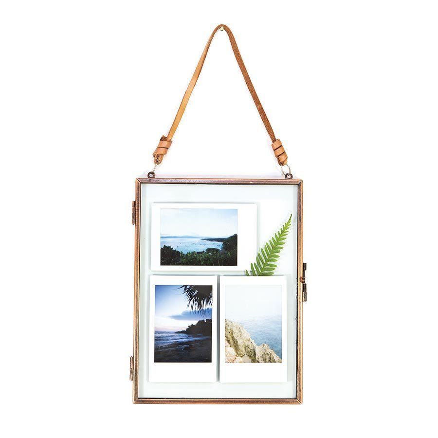 IS Gift Metal Clear Glass Press Frame with Leather Strap Hanger