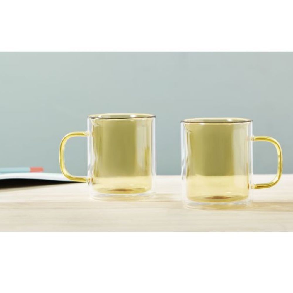 Leaf & Bean Coloured Double Wall Glasses Yellow 360ml (Set of 2)