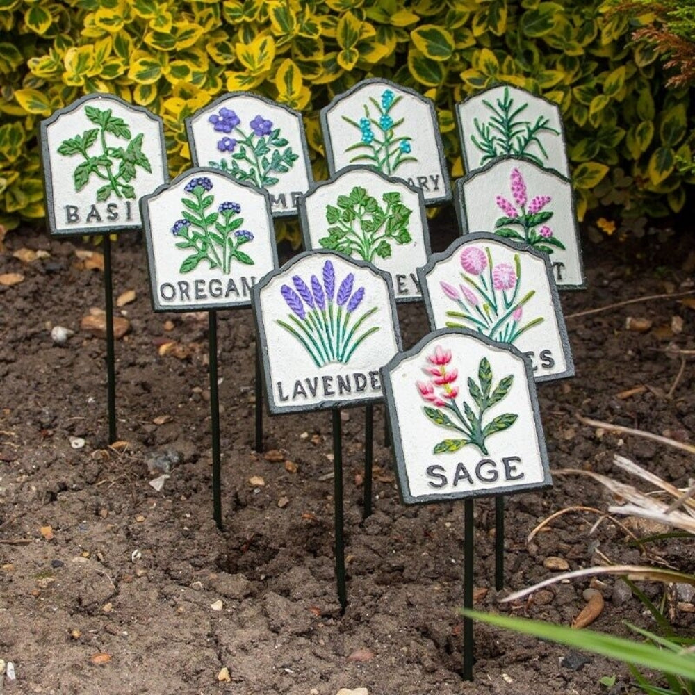Cast Iron Garden Herb Marker Signs (Set of 10)