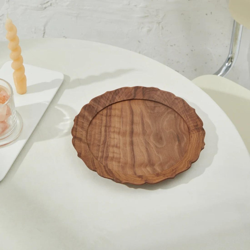 Linden Floral Edge Handcraft Walnut Wood Serving Plate 25cm