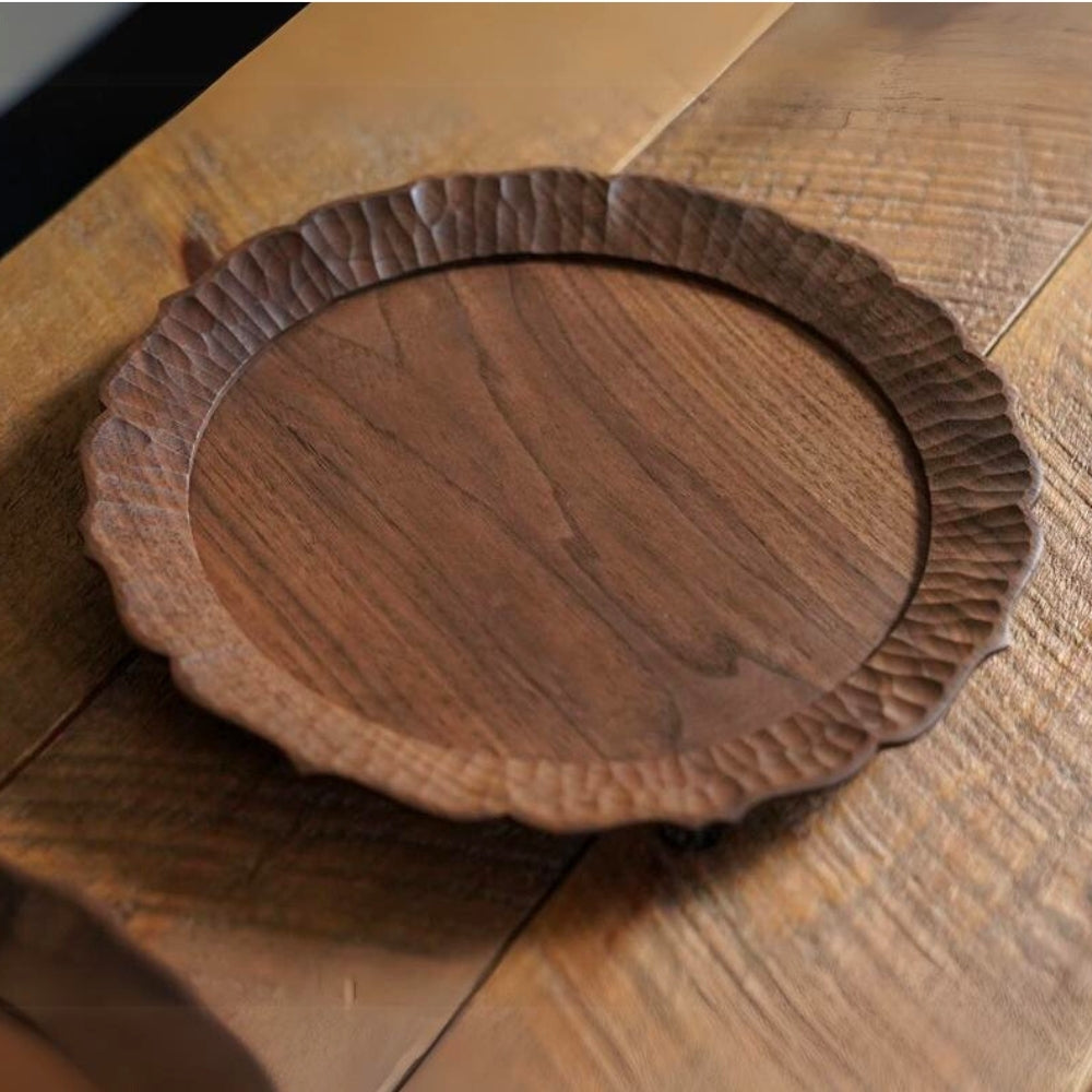 Linden Floral Edge Handcraft Walnut Wood Serving Plate 25cm