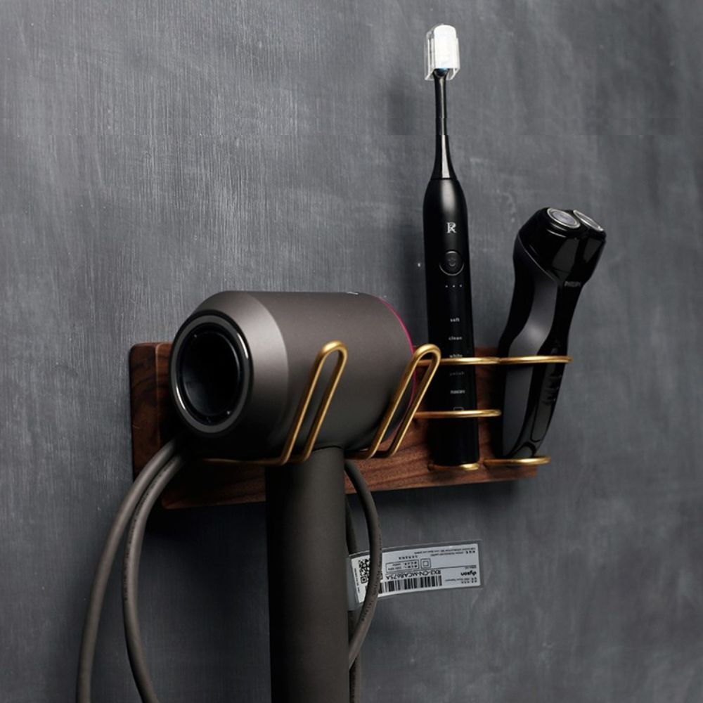 Multifunctional Walnut Wall Mount Dyson Hair Dryer Holder 30cm