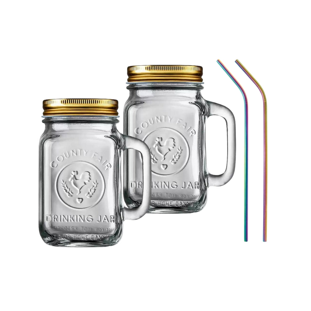 Libbey County Fair Glass Drinking Jars with Lids & Straws (Set of 2)