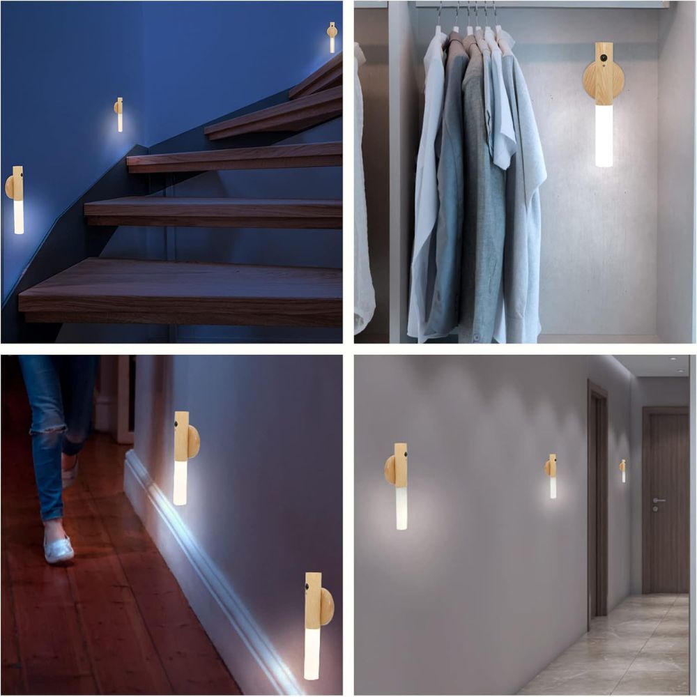 No-Drill Magnetic Walnut Motion Sensor Wall LED Light