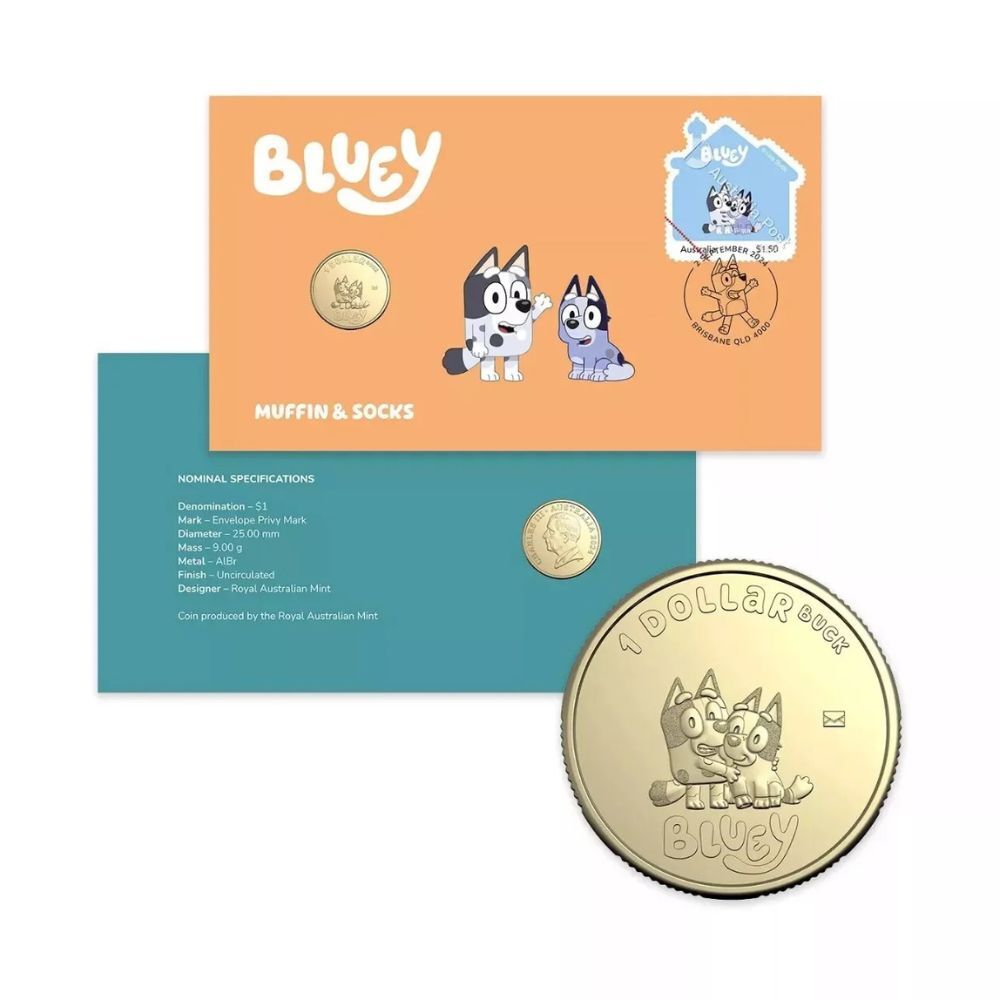 2024 Bluey $1 Privy Mark Postal Numismatic Cover (PNC) - Muffin & Socks