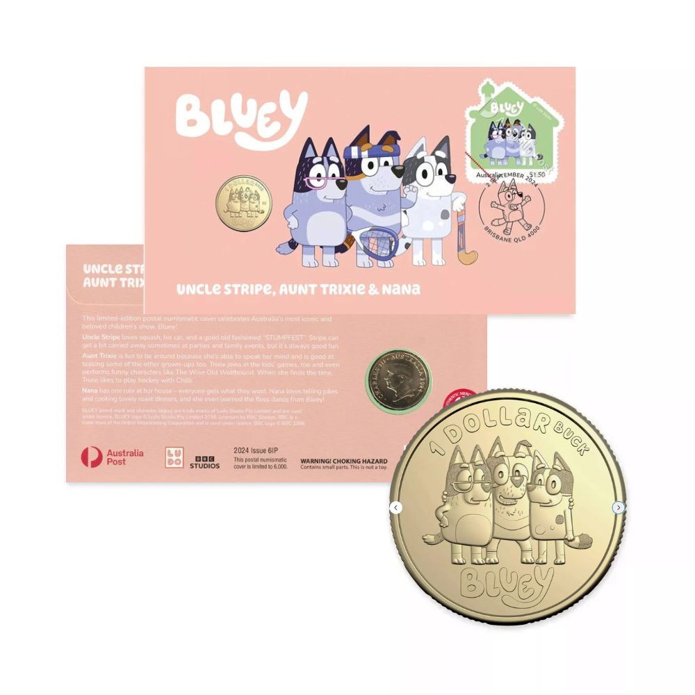 2024 Bluey $1 Privy Mark Postal Numismatic Cover (PNC) - Uncle Stripe, Aunt Trixie and Nana