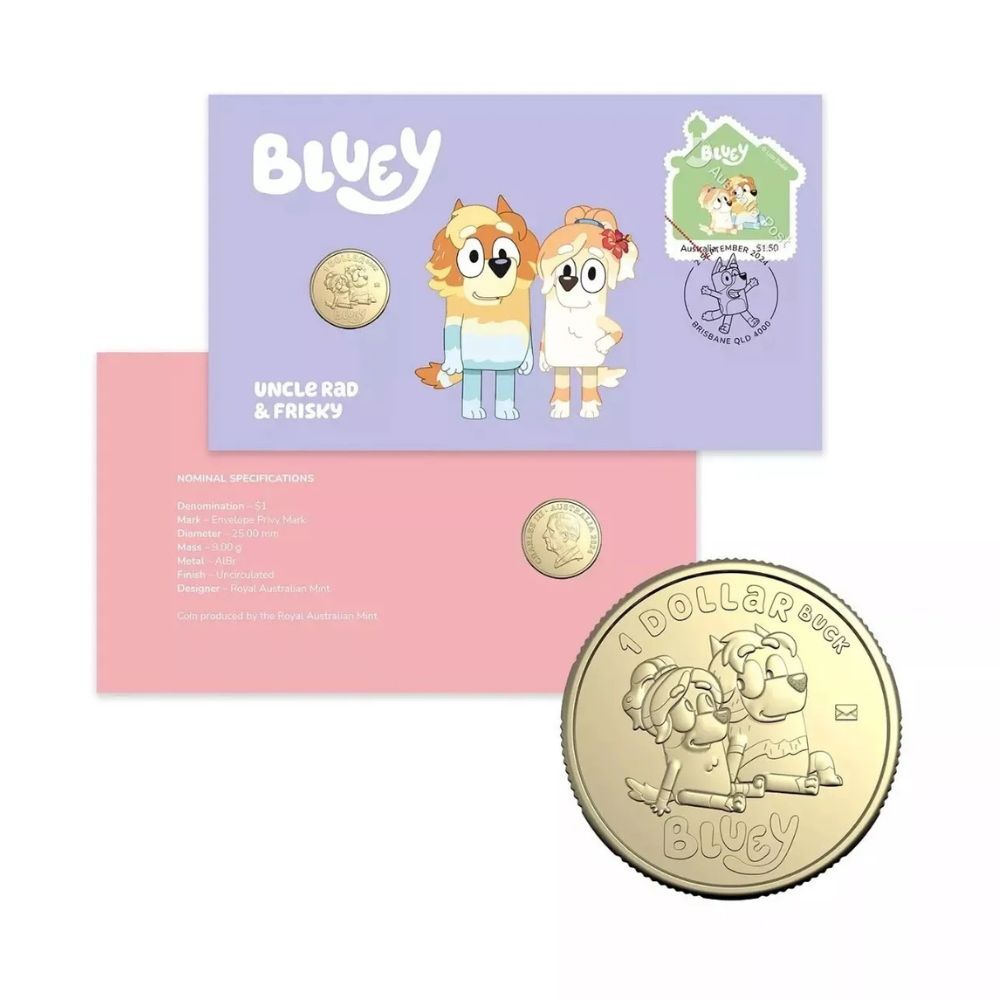 2024 Bluey $1 Privy Mark Postal Numismatic Cover (PNC) - Uncle Rad & Frisky