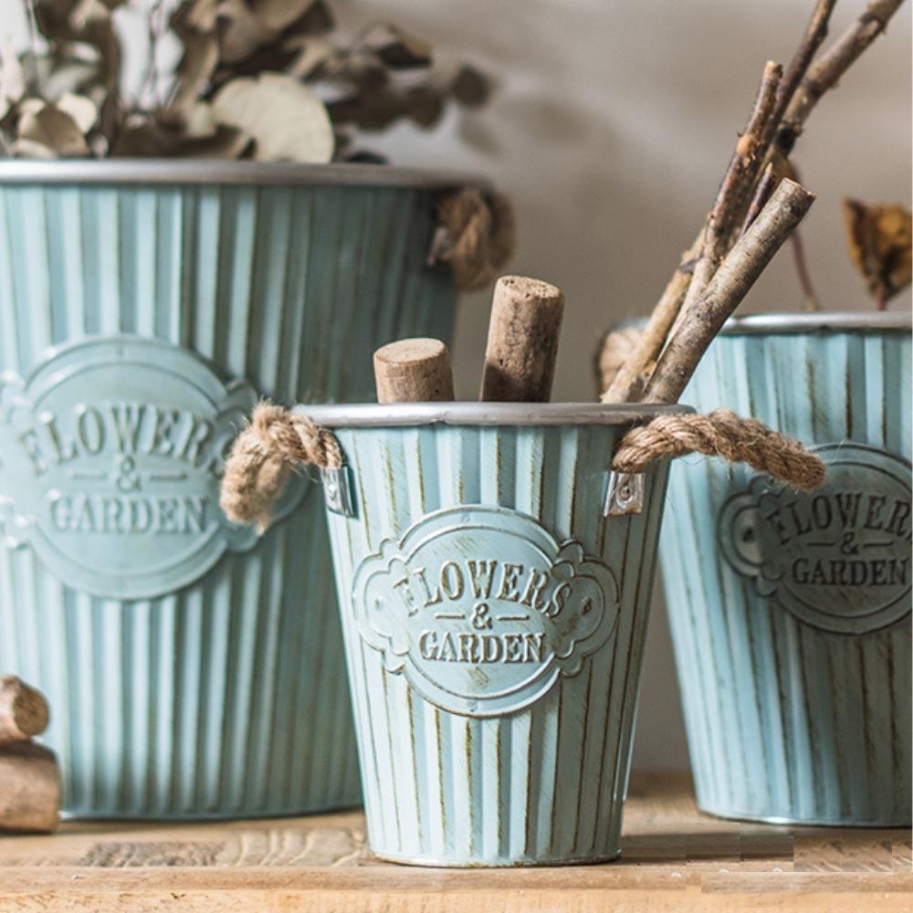 Vintage French Styled V-Shaped Tin Bucket with Handles (Set of 3)