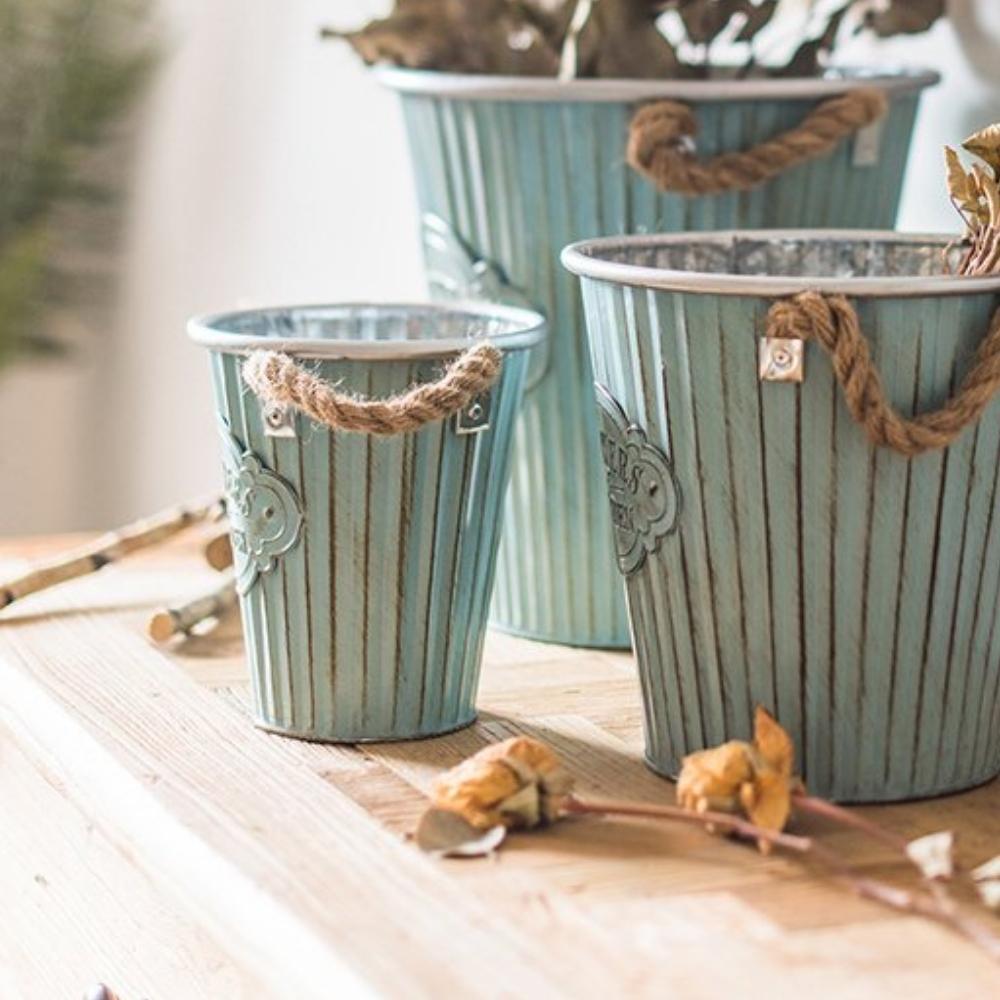 Vintage French Styled V-Shaped Tin Bucket with Handles (Set of 3)