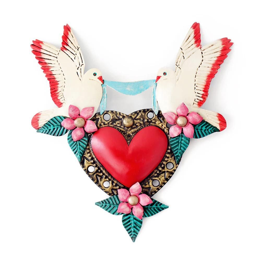 Mi Amor Dove Mexican Folk Art Tin Heart 30cm