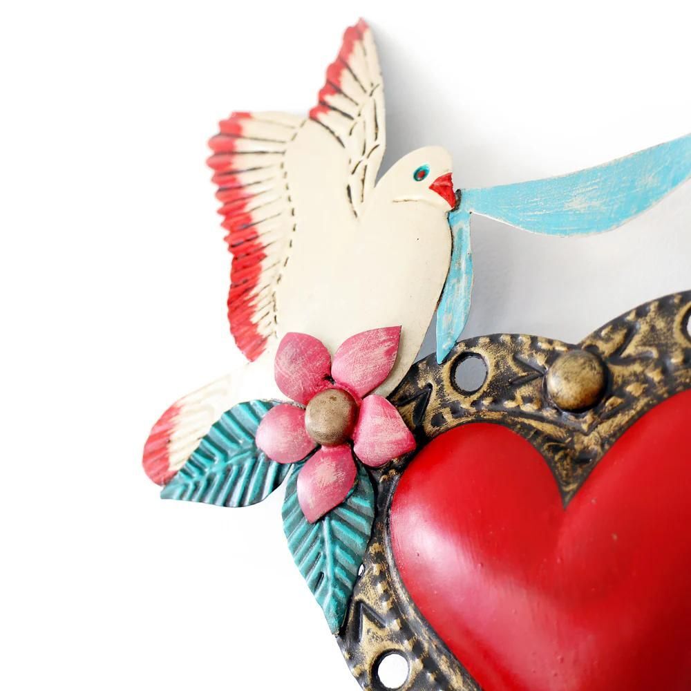 Mi Amor Dove Mexican Folk Art Tin Heart 30cm