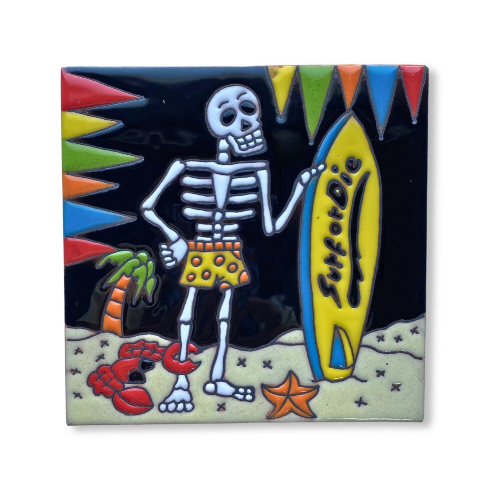 Mexican Surfer Skeleton Talavera Ceramic Tile 15cm