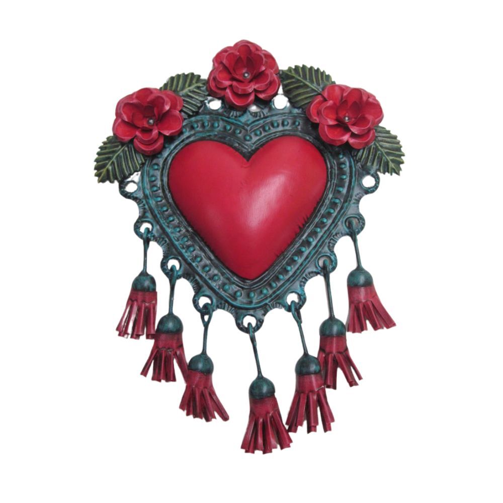 Corazon Tassel Mexican Folk Art Tin Heart 21cm