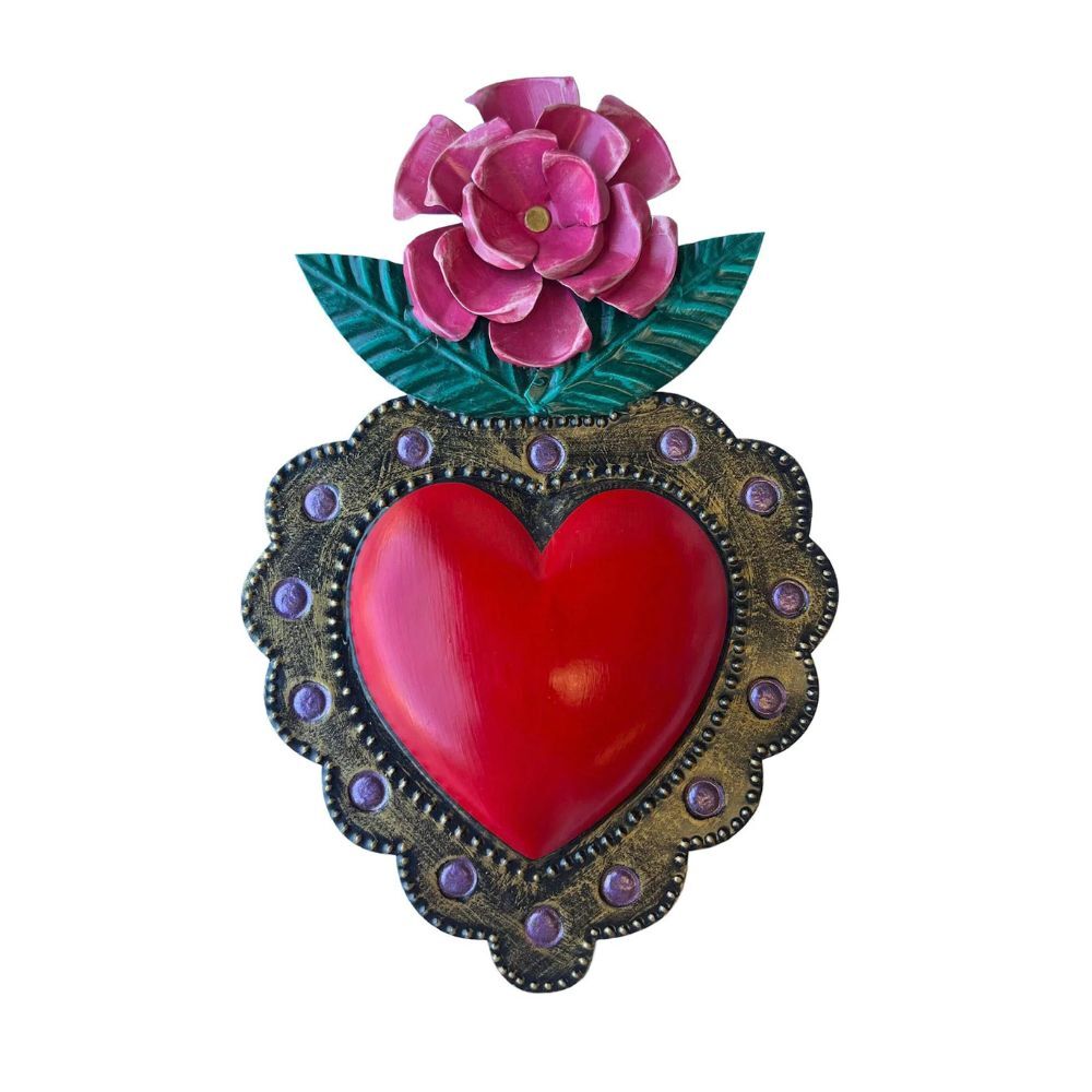 Flor Corazon Mexican Folk Art Tin Heart 24cm