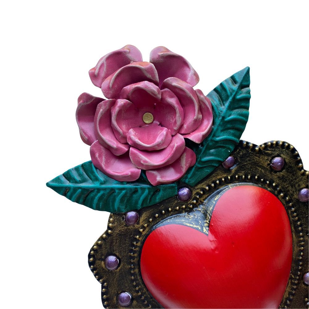 Flor Corazon Mexican Folk Art Tin Heart 24cm