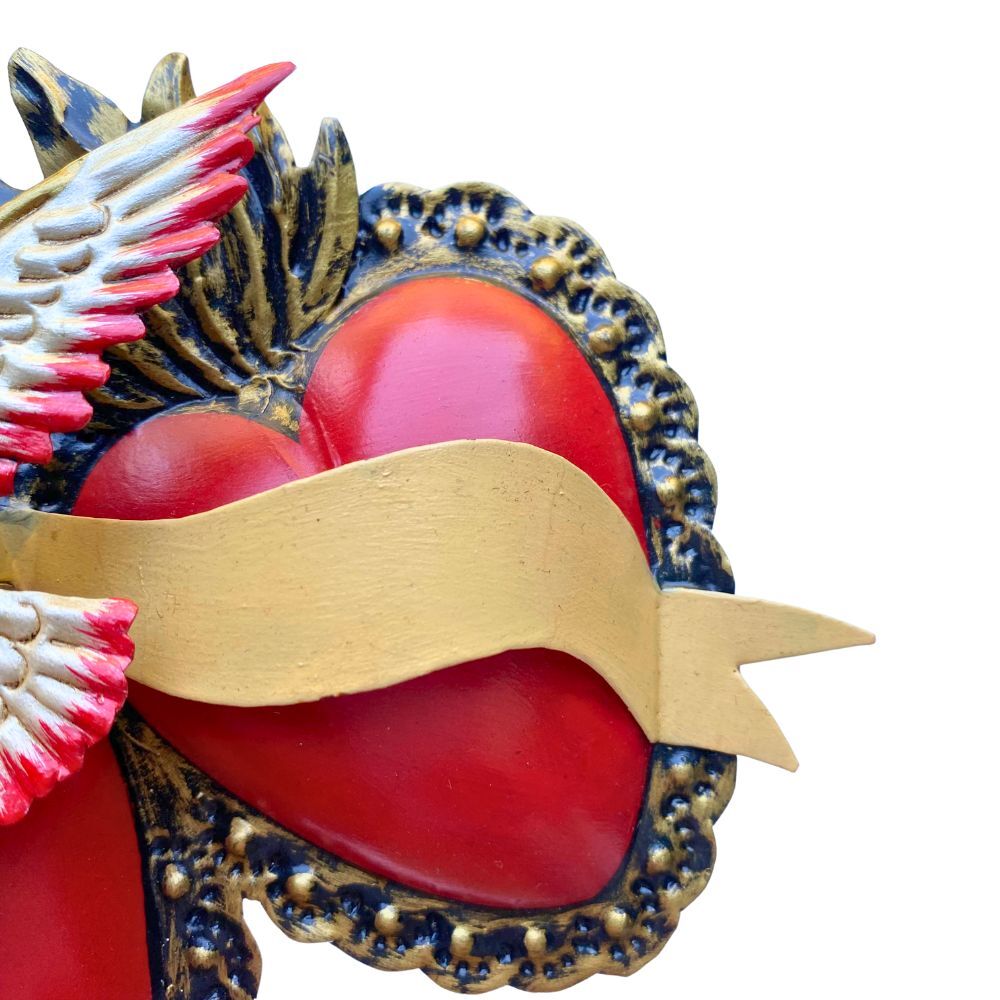 Doble Corazon with Dove Mexican Folk Art Tin Heart 17cm