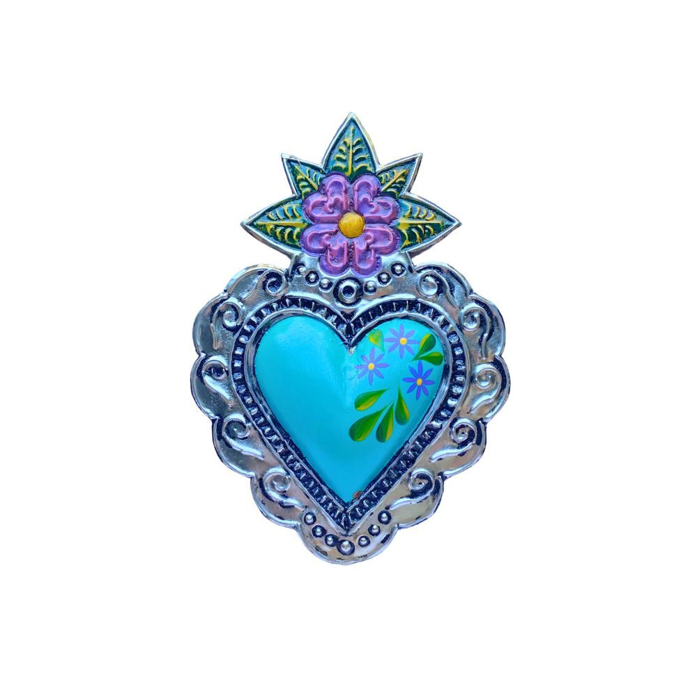 Flor de Cielo Mexican Folk Art Tin Heart 20cm
