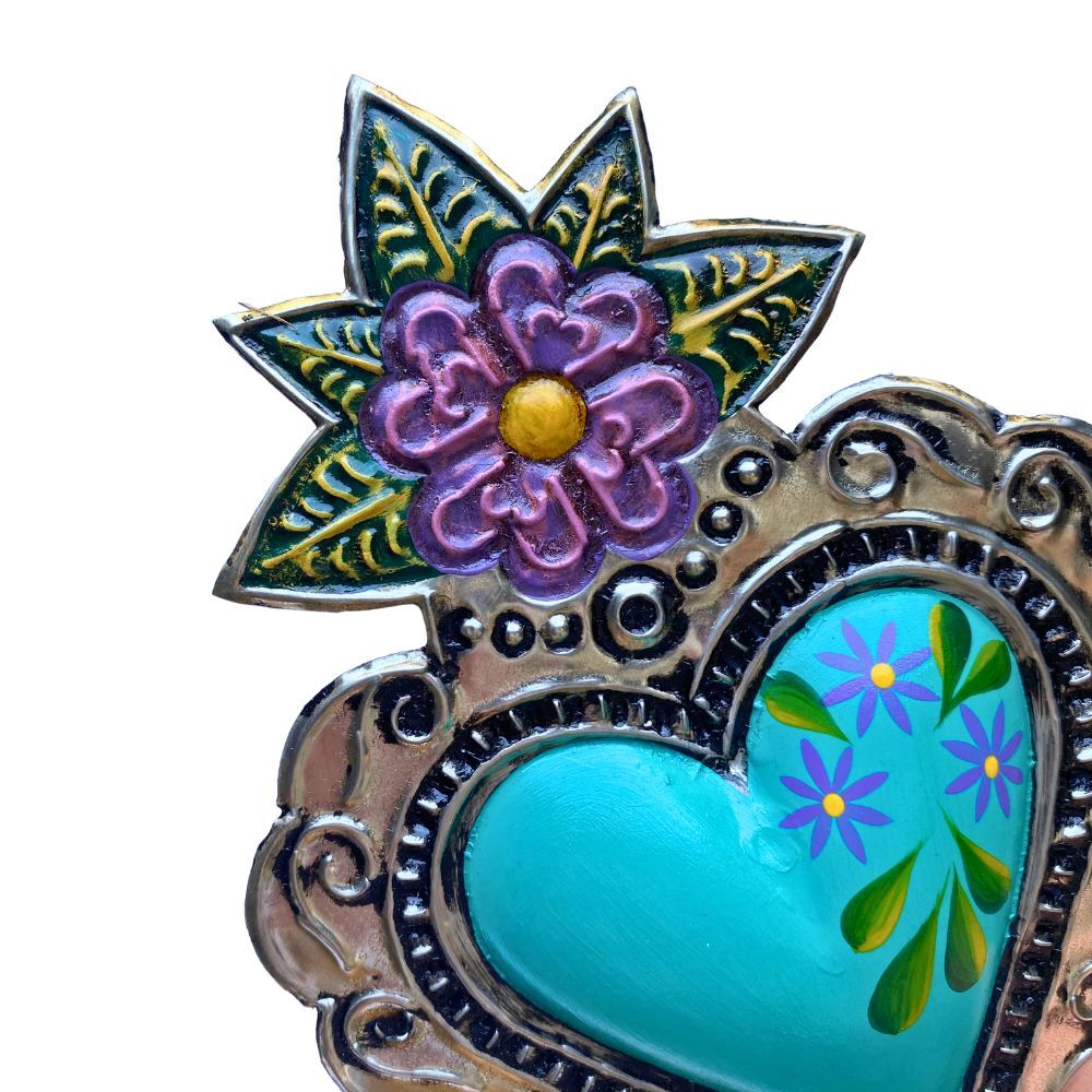 Flor de Cielo Mexican Folk Art Tin Heart 20cm