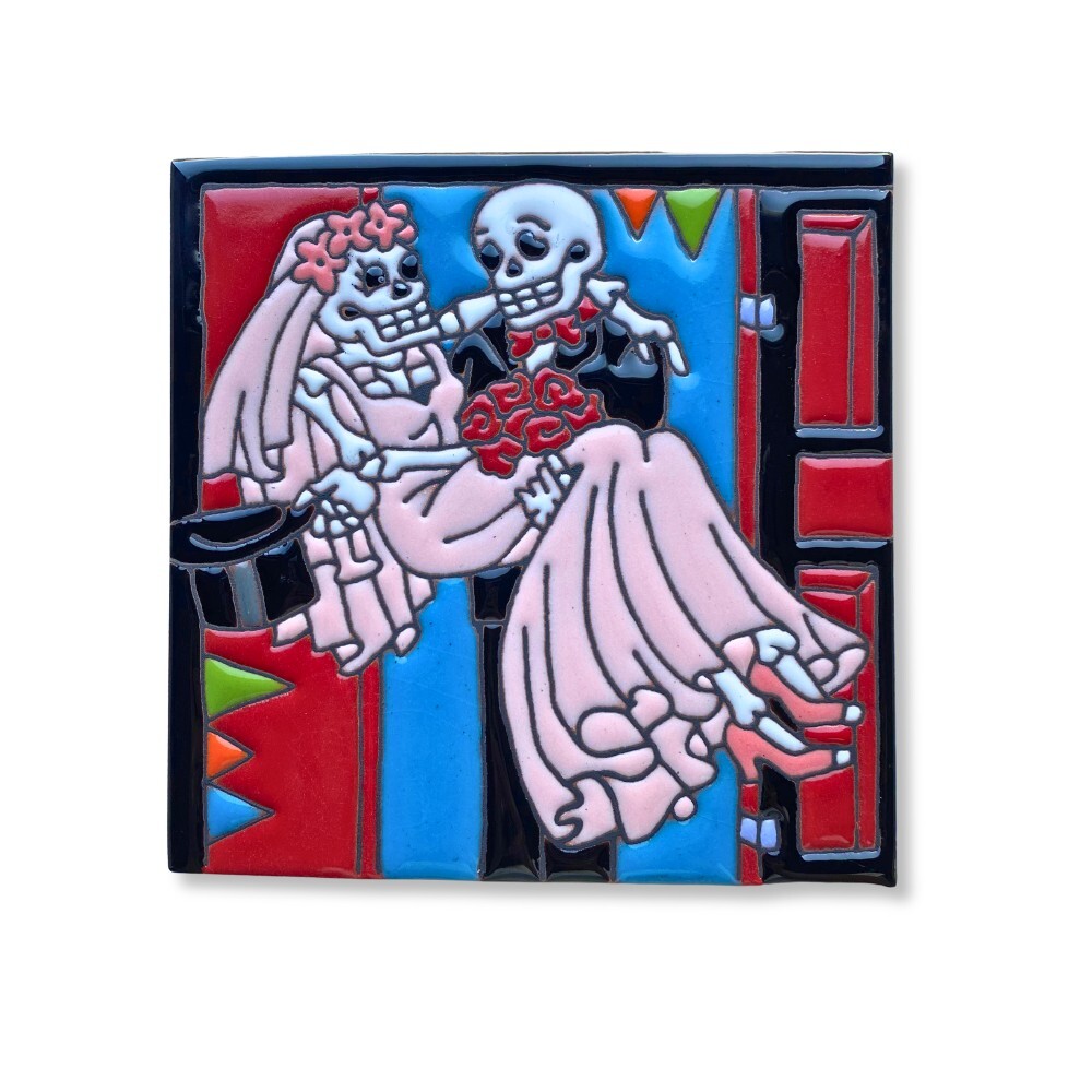Mexican Wedding Day Skeleton Talavera Ceramic Tile 15cm