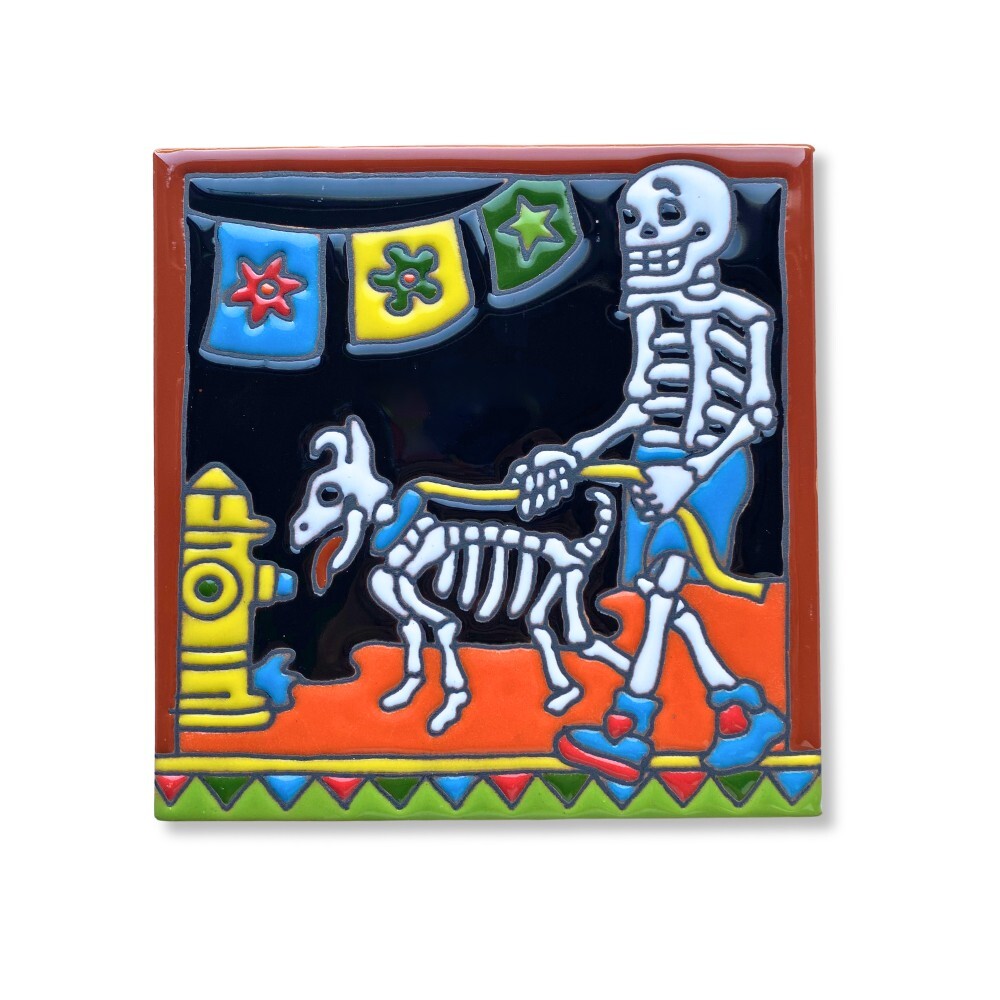 Mexican Walking the Dog Skeleton Talavera Ceramic Tile 15cm