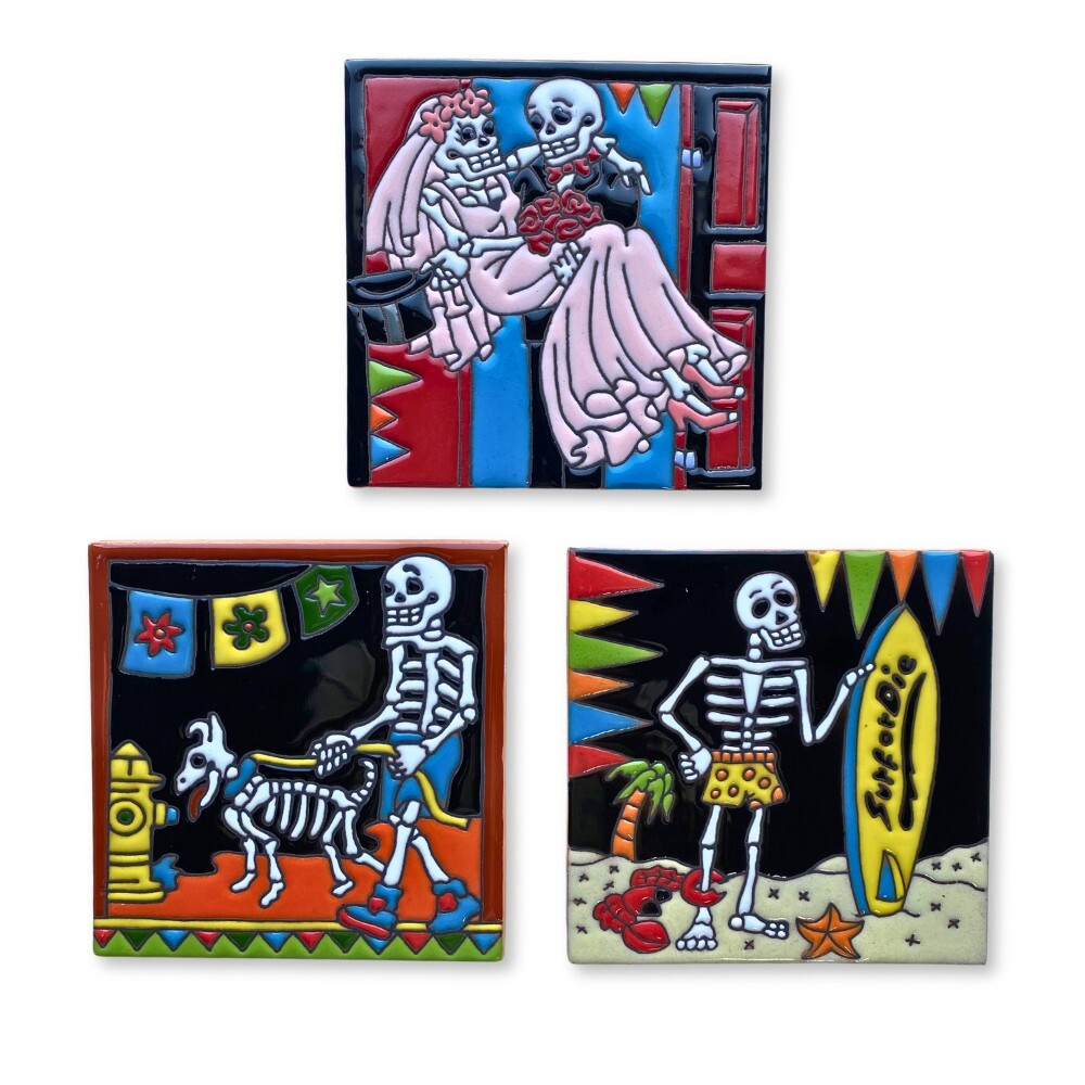 Mexican Walking the Dog Skeleton Talavera Ceramic Tile 15cm