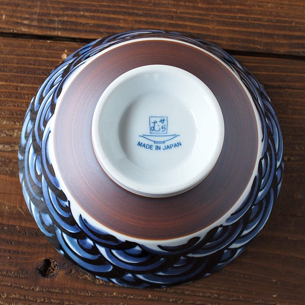 Minoru Pottery Japanese Porcelain Graph Wave Large Bowl