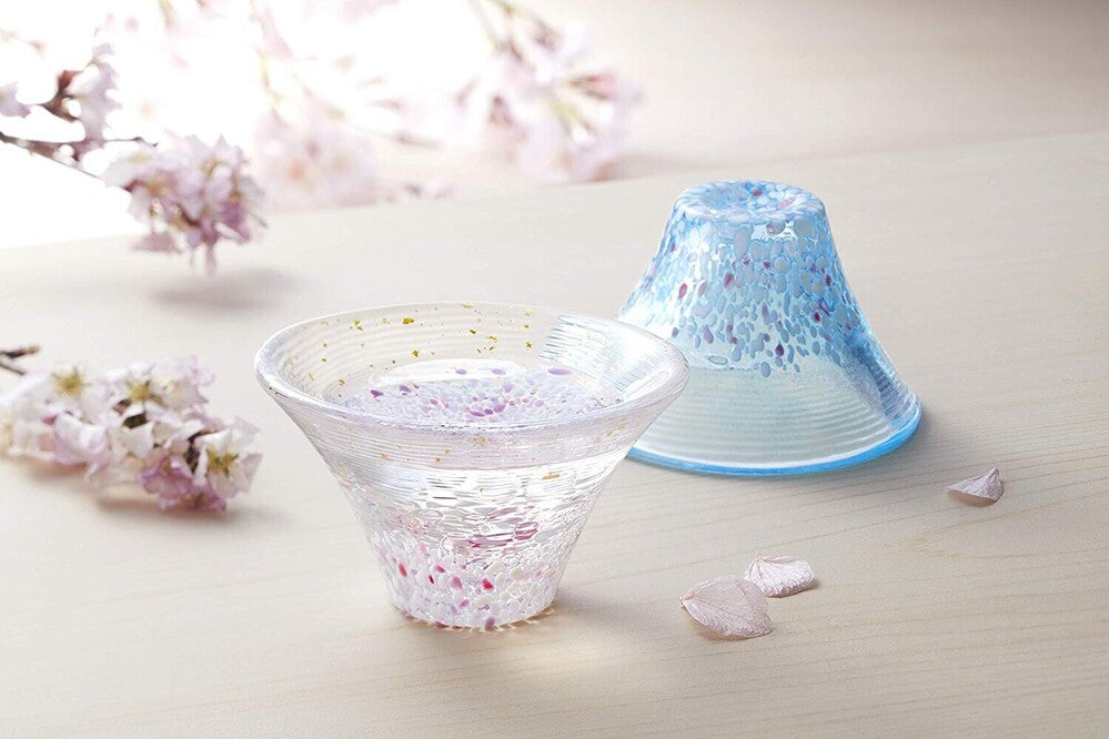 Toyo-Sasaki Glass Good Fortune Sakura Mt Fuji Sake Set 3pcs