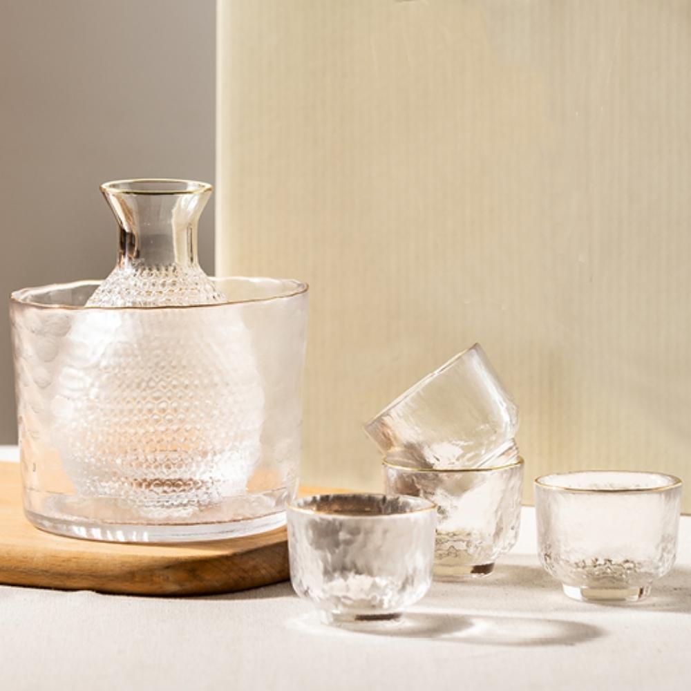 Japanese Frosted Glass Good Luck Sake Set 6pcs