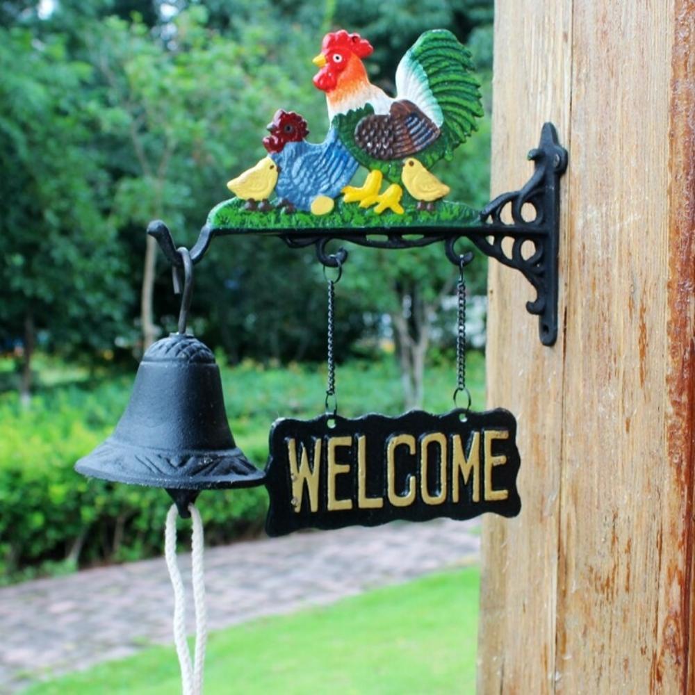 Cast Iron Hand Painted Chicken Garden Welcome Hanging Door Bell