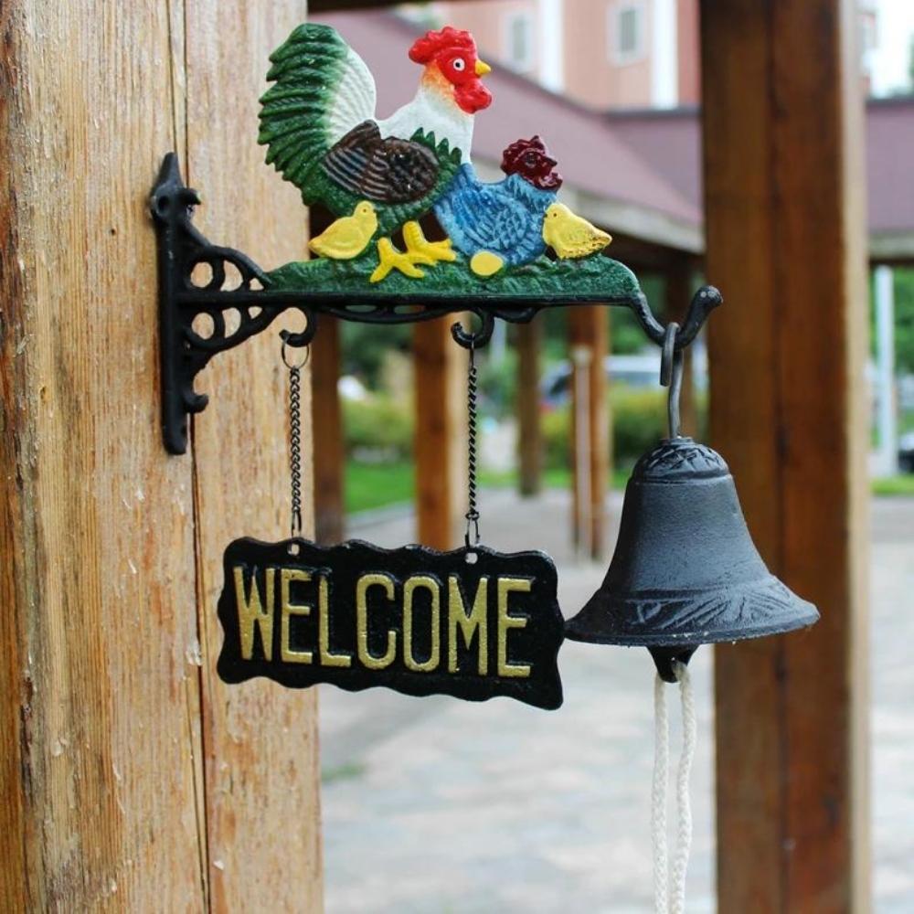 Cast Iron Hand Painted Chicken Garden Welcome Hanging Door Bell