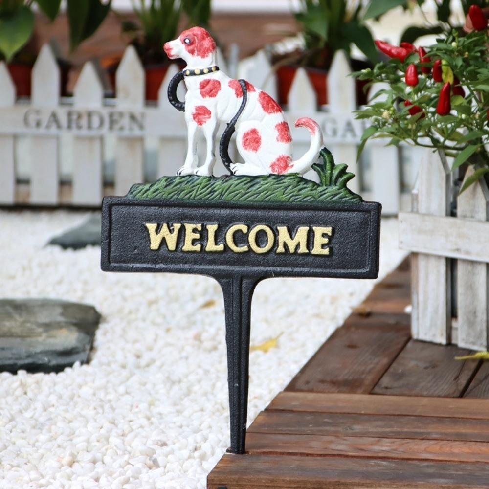 Cast Iron Hand Painted Dog Welcome Garden Stake