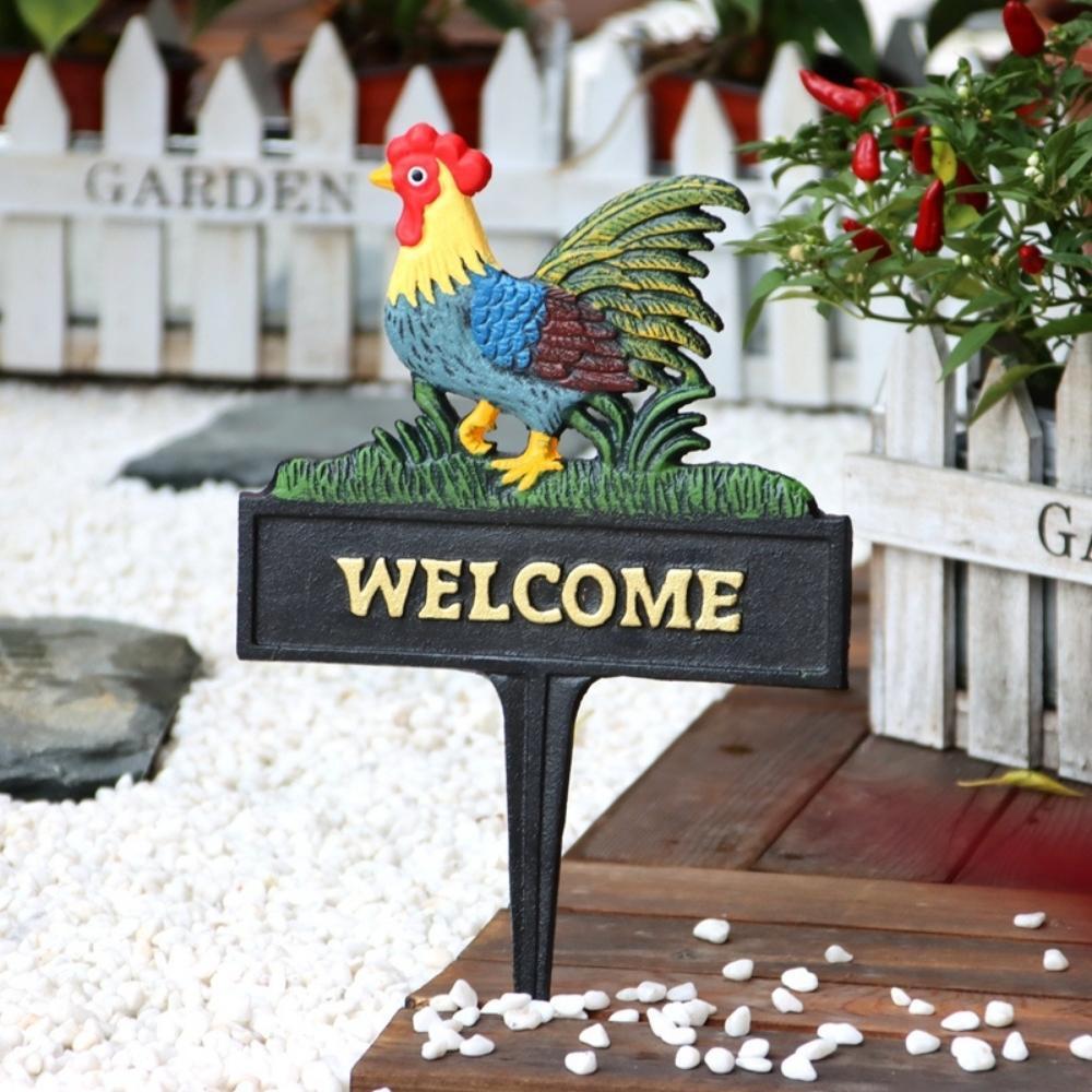 Cast Iron Hand Painted Rooster Welcome Garden Stake