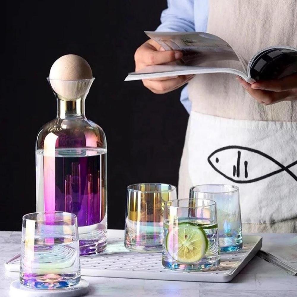 Gracewood Holographic Glass Carafe Wood Stopper & 4 Tumblers