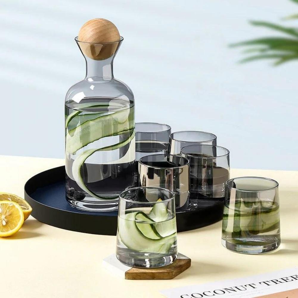 Gracewood Smoke Grey Glass Carafe Wood Stopper & 4 Tumblers