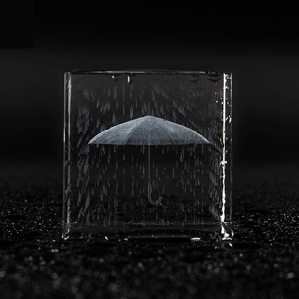 Umbrella Rain Crystal Glass 3D Laser Engraved Cube