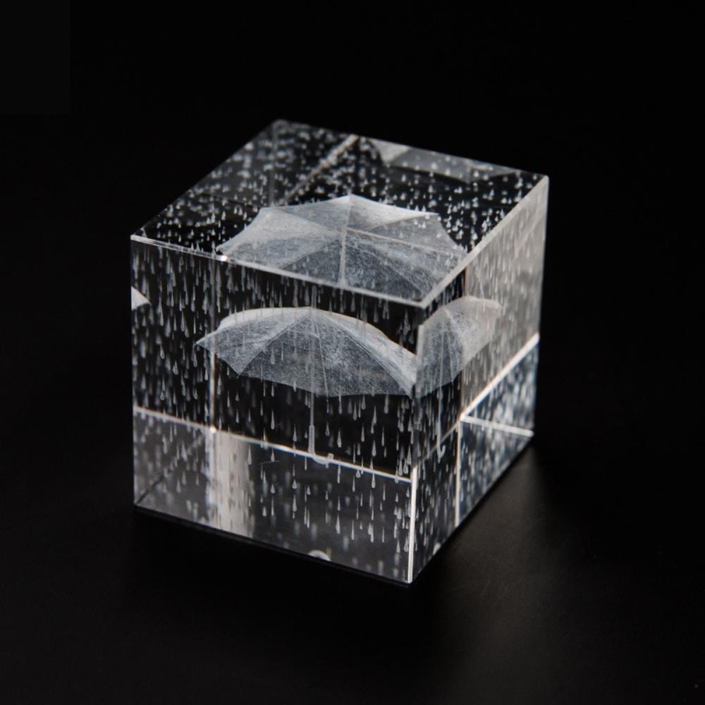 Umbrella Rain Crystal Glass 3D Laser Engraved Cube
