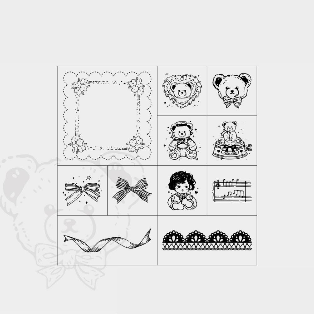 Bear's Tea Party Wooden Rubber Stamp Box Set 11pcs