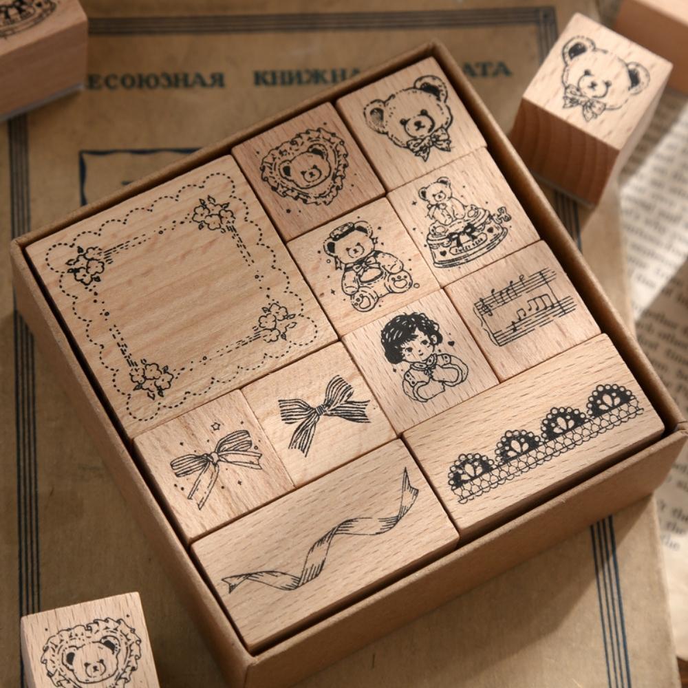 Bear's Tea Party Wooden Rubber Stamp Box Set 11pcs