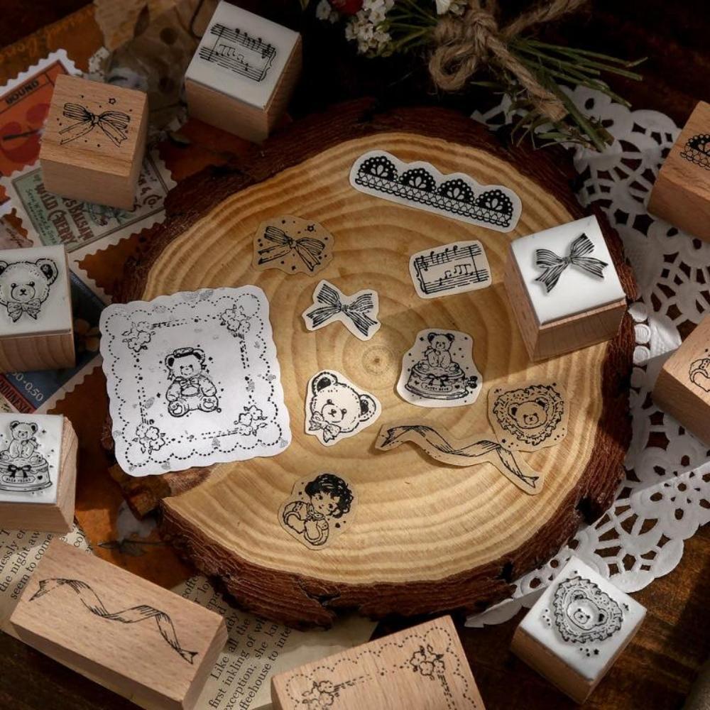 Bear's Tea Party Wooden Rubber Stamp Box Set 11pcs