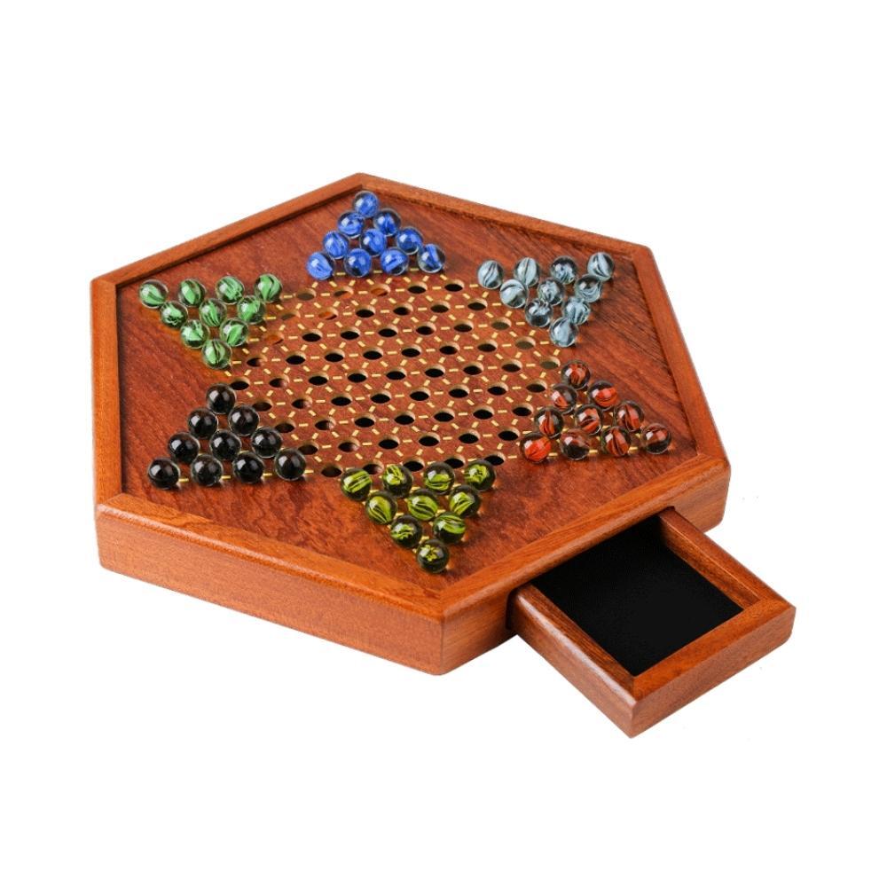 Natural Wood Chinese Checkers Set with Drawer & Glass Marbles