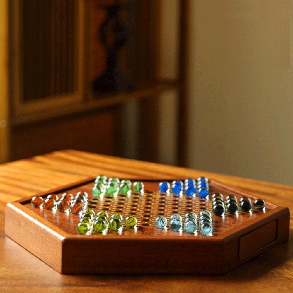 Natural Wood Chinese Checkers Set with Drawer & Glass Marbles