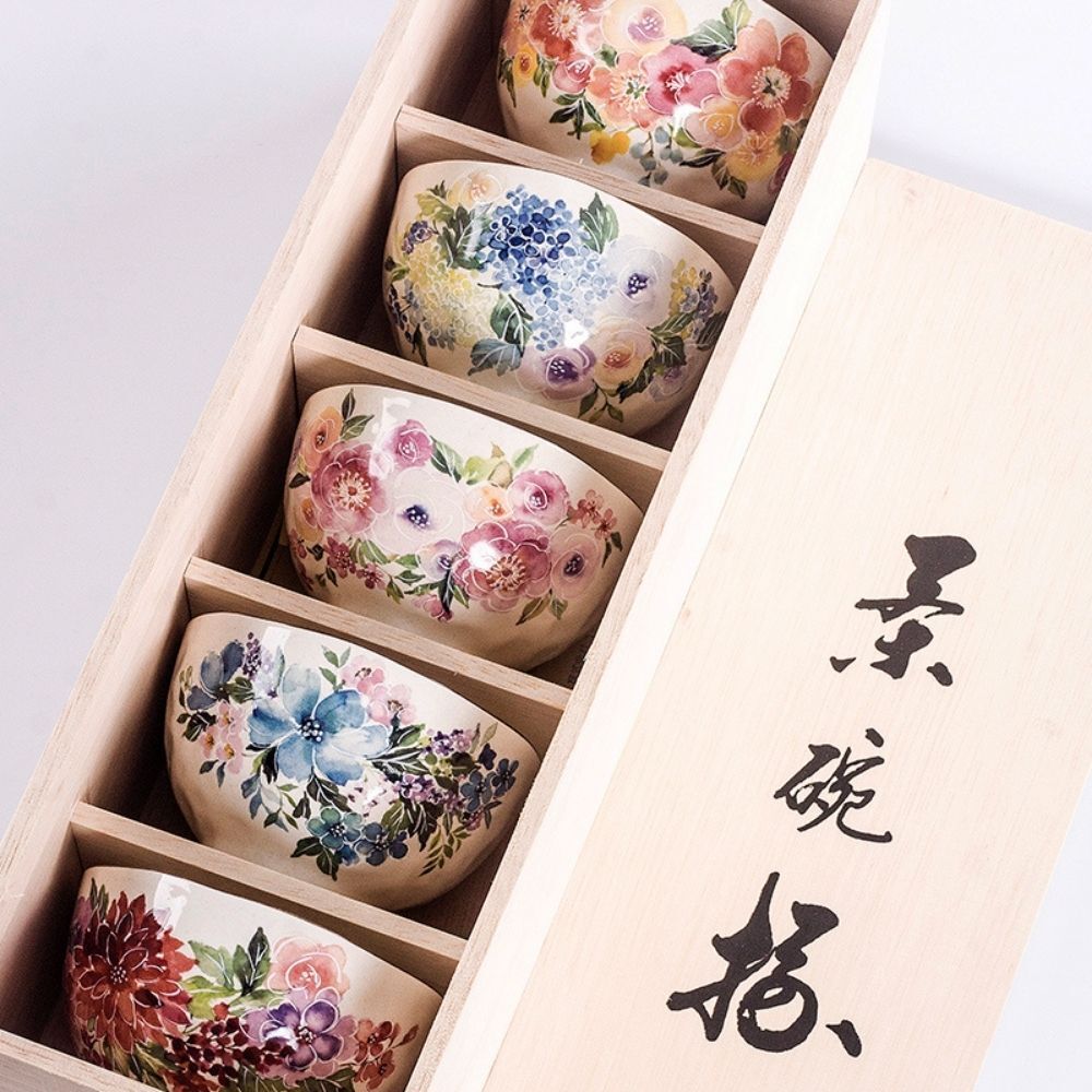 And Ai Minoyaki Hananeiro Rice Bowls Set of 5