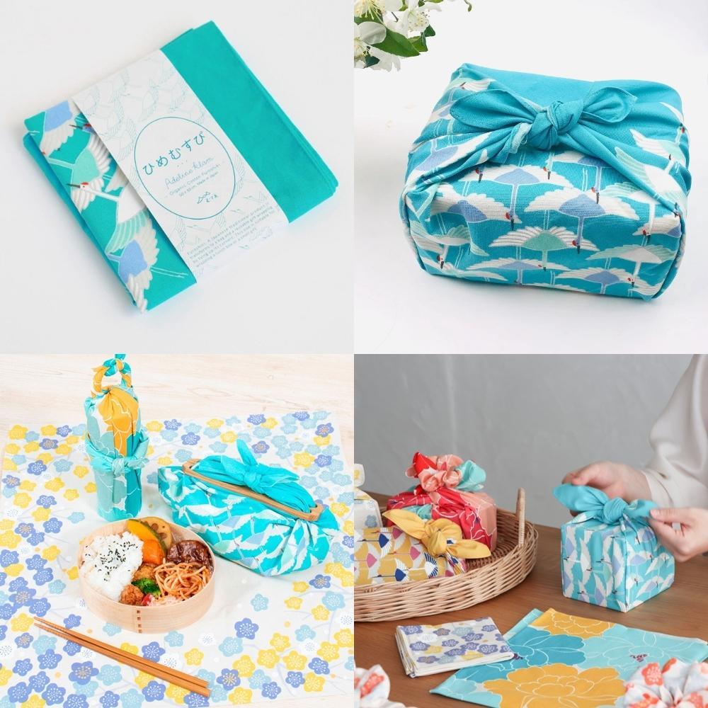 Musubi 50 Turquoise Crane Organic Furoshiki Wrapping Cloth