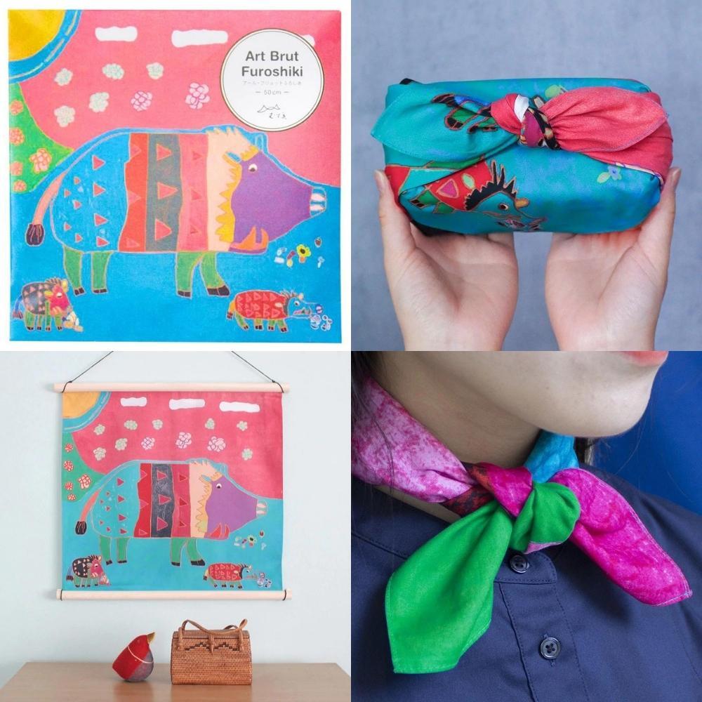 Musubi 50 Boar family Art Brut Furoshiki Wrapping Cloth