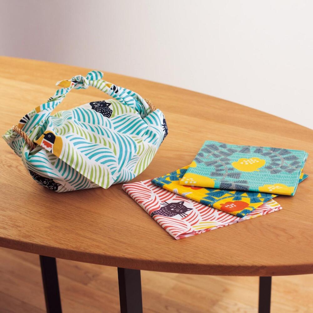Musubi 70 Kata Kata Cats & Birds Blue Furoshiki Wrapping Cloth